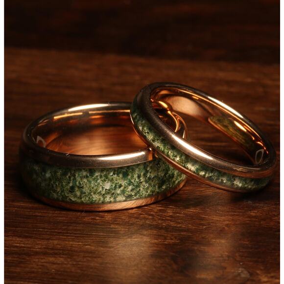Handcrafted Green Moss Agate Rose Gold Ring Set, His and Her Wedding Band, Match